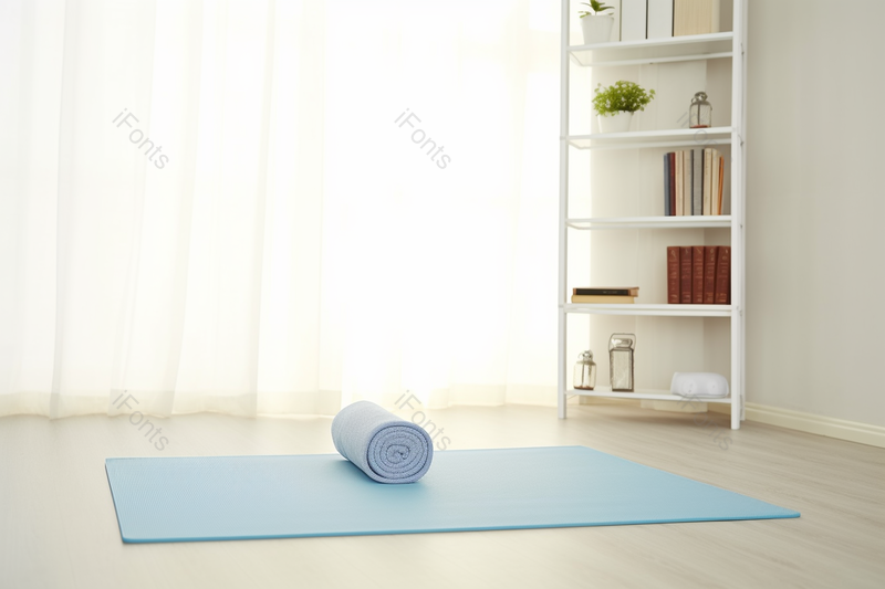 蓝色居家瑜伽垫书架干净场景,高清,摄影图,摄影图片,图片大全,摄影图免费下载